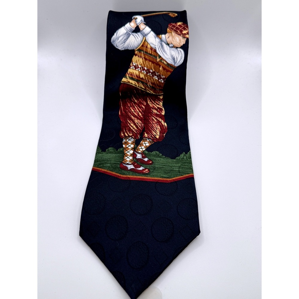 Meeting Street Mens Silk Necktie Navy Blue Vintage Golfer Golf Clubs Novelty Tie